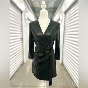 NWT - Mango - Black Faux Leather Long Sleeve Wrap Dress - 6
